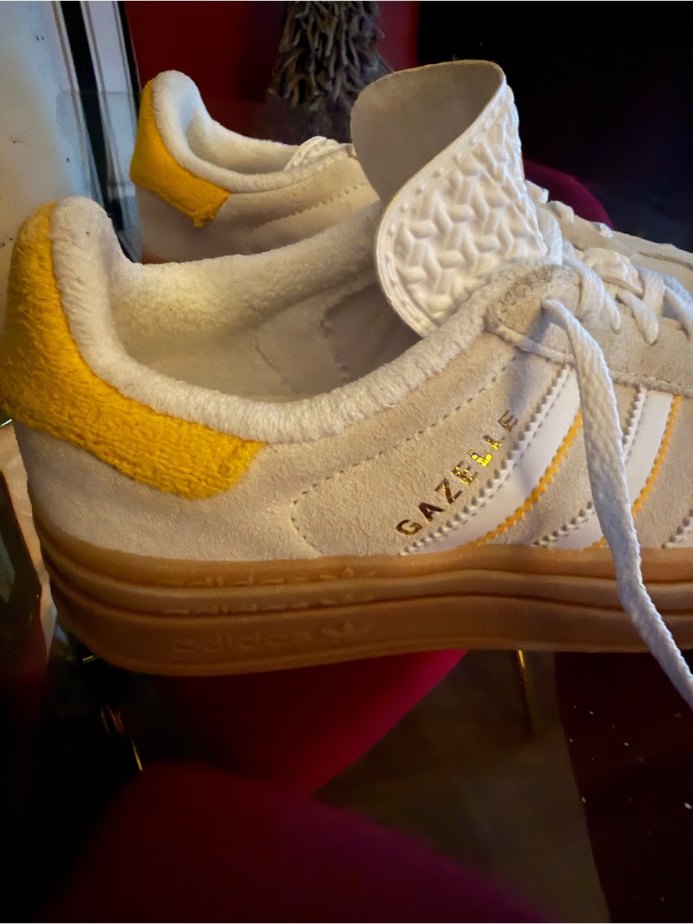 adidas GAZELLE White Suede Sneakers with Yellow Accents
